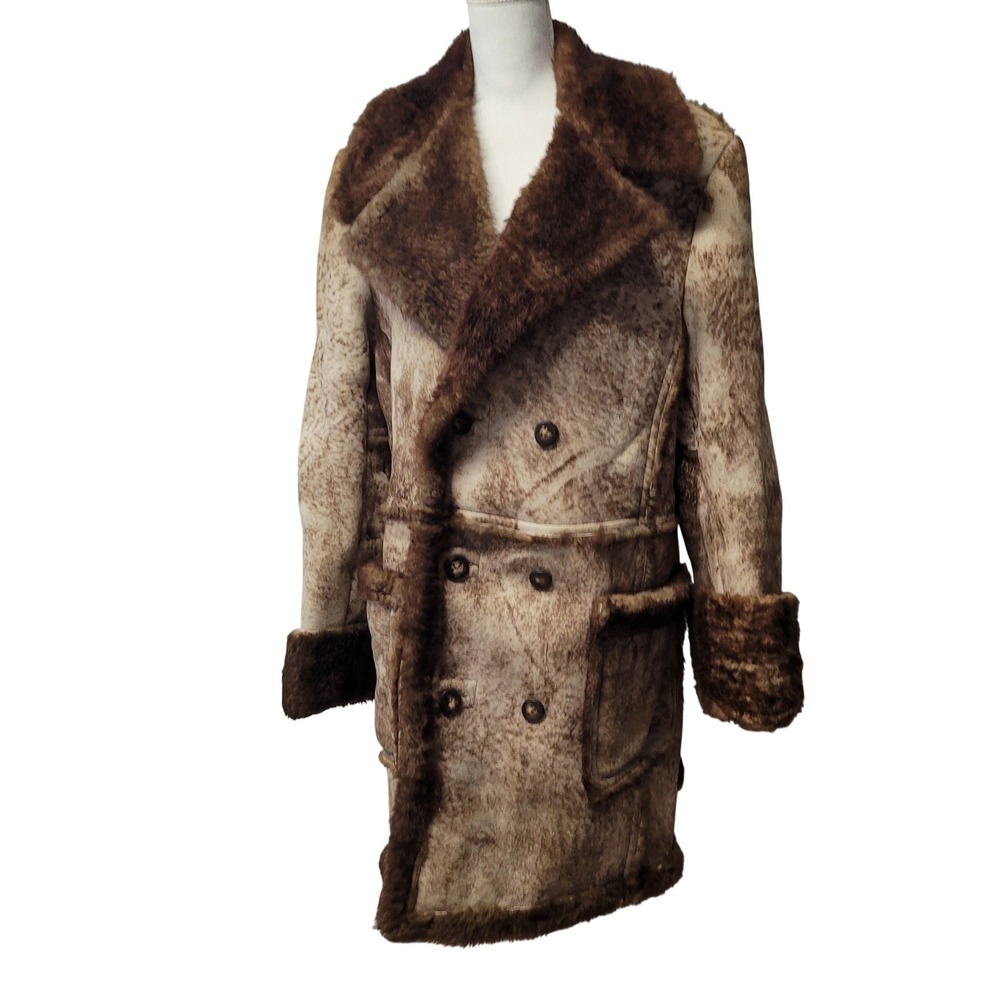 Lakeland‎ VTG Mens Double Breasted Sheepskin Leather Fur Lined Coat Sz 40 Long
